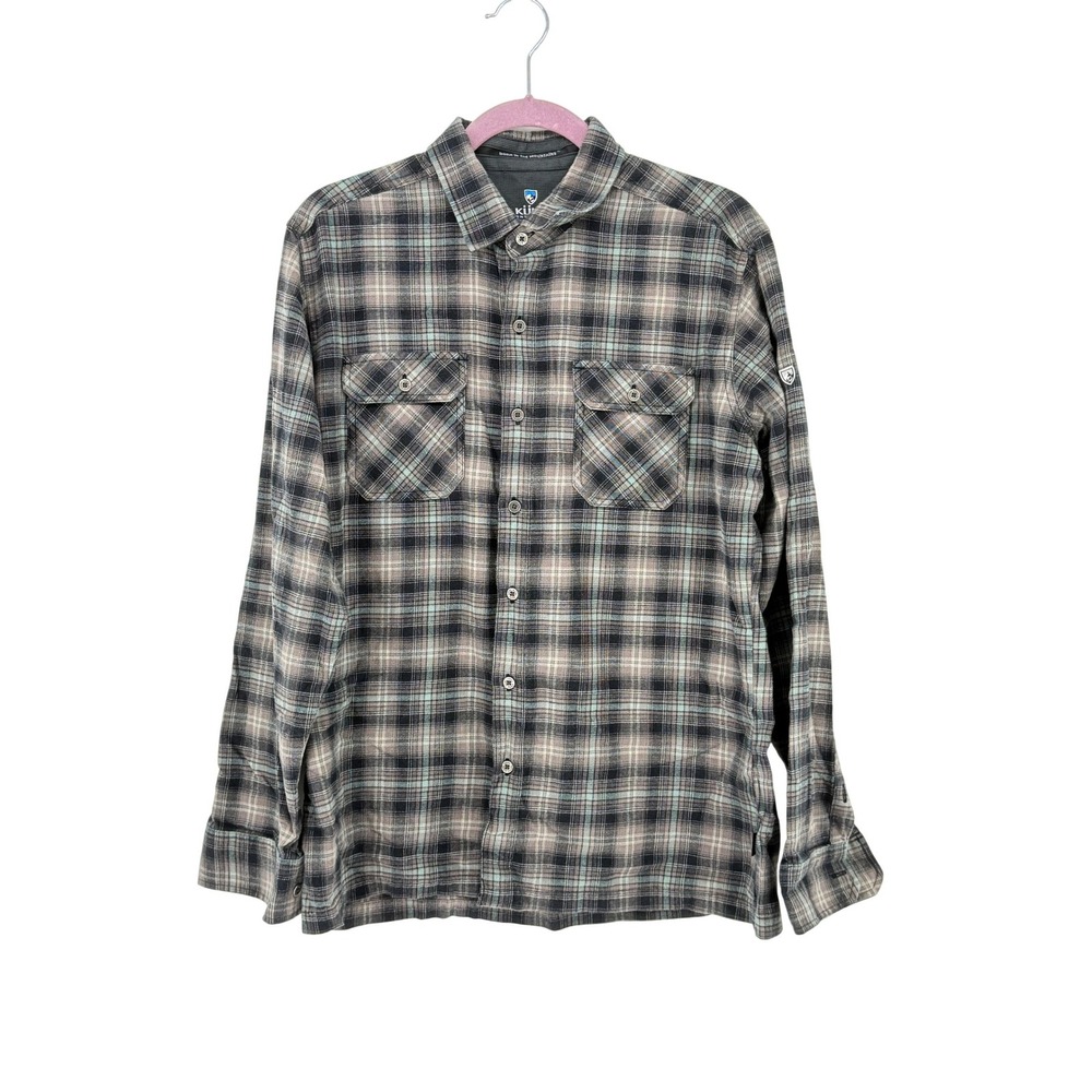 Kuhl Mens Plaid Flannel Button Down Shirt Grey Blue Long Sleeve Size M Gorpcore